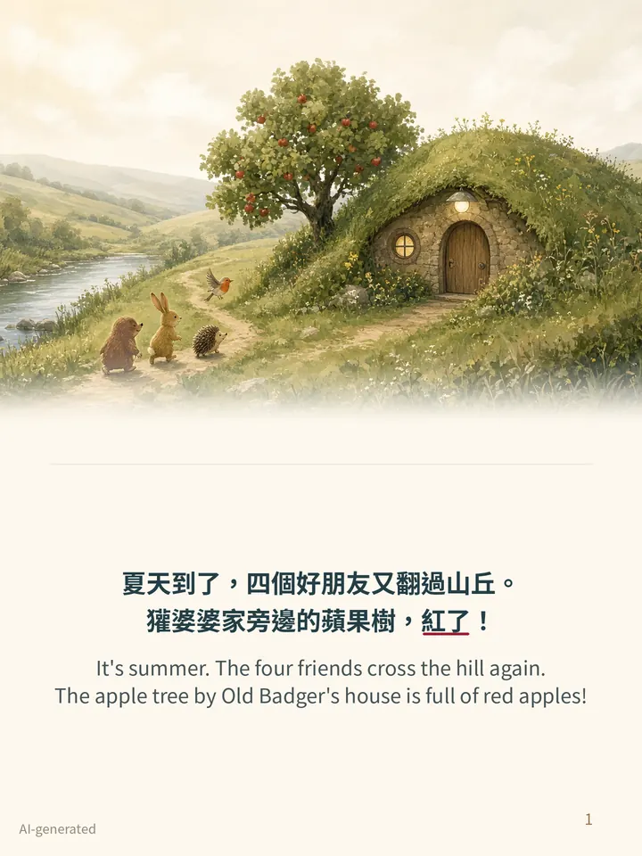 Pip and the Apple Tree, story page 1: illustration with Traditional Chinese and English text