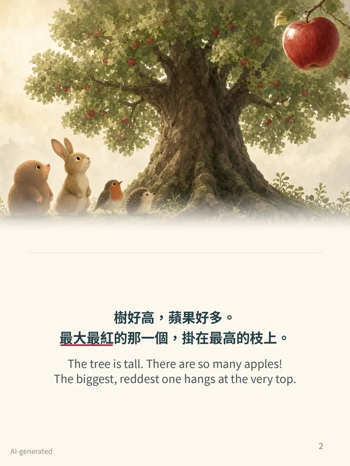 Pip and the Apple Tree, story page 2: illustration with Traditional Chinese and English text