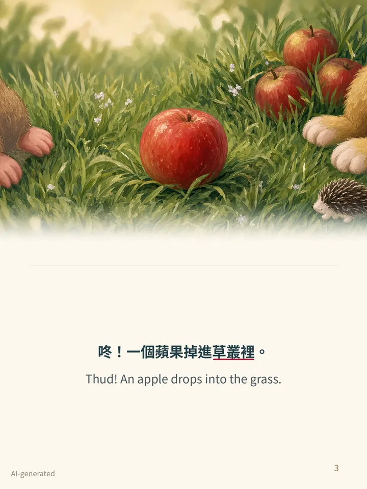 Pip and the Apple Tree, story page 3: illustration with Traditional Chinese and English text
