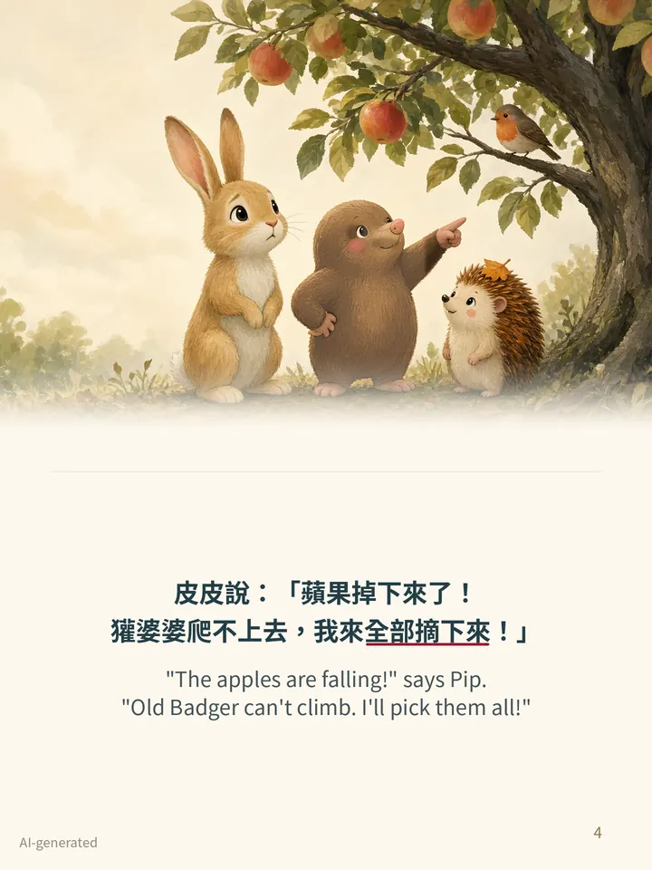 Pip and the Apple Tree, story page 4: illustration with Traditional Chinese and English text