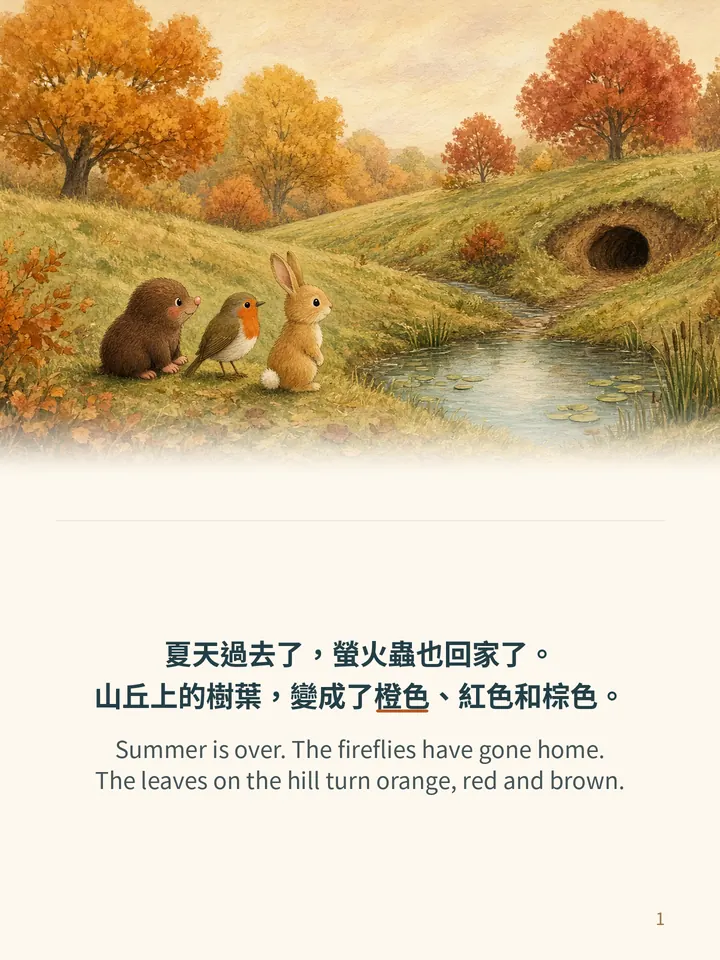 Pip and the Autumn Leaves, story page 1: illustration with Traditional Chinese and English text