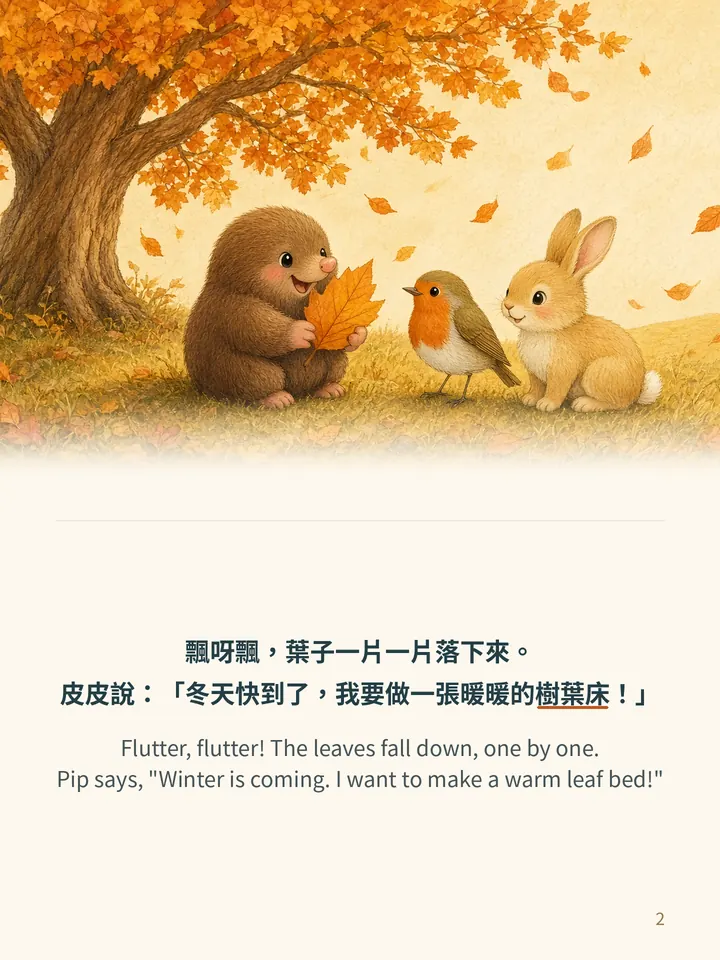Pip and the Autumn Leaves, story page 2: illustration with Traditional Chinese and English text