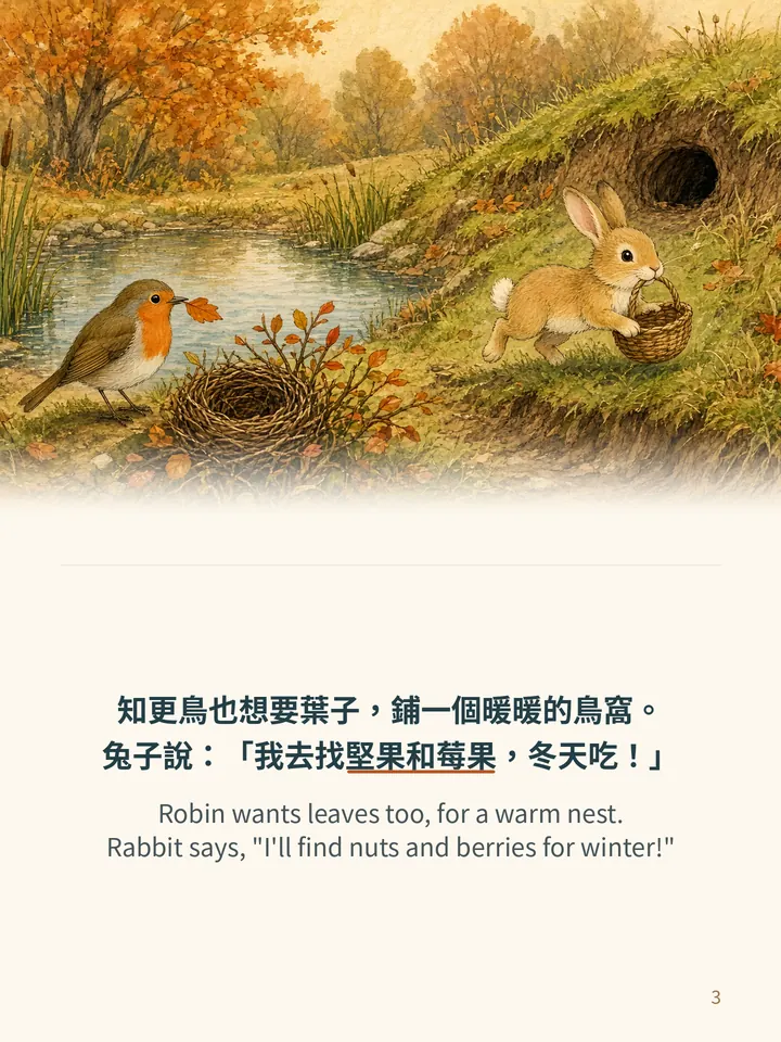 Pip and the Autumn Leaves, story page 3: illustration with Traditional Chinese and English text