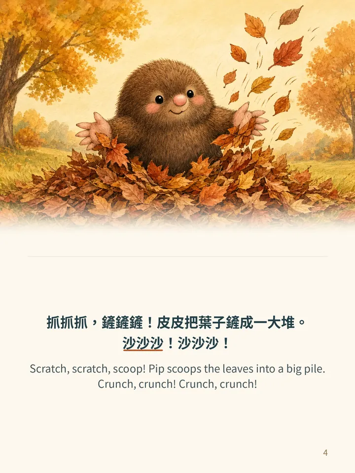 Pip and the Autumn Leaves, story page 4: illustration with Traditional Chinese and English text