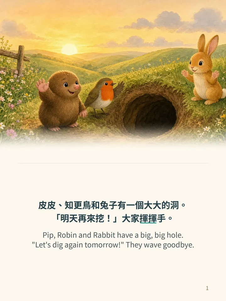 Pip and the Big Rain, story page 1: illustration with Traditional Chinese and English text