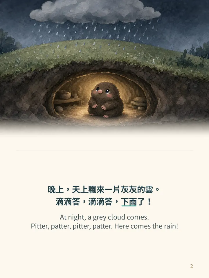 Pip and the Big Rain, story page 2: illustration with Traditional Chinese and English text
