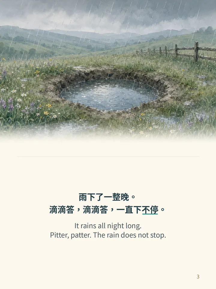 Pip and the Big Rain, story page 3: illustration with Traditional Chinese and English text