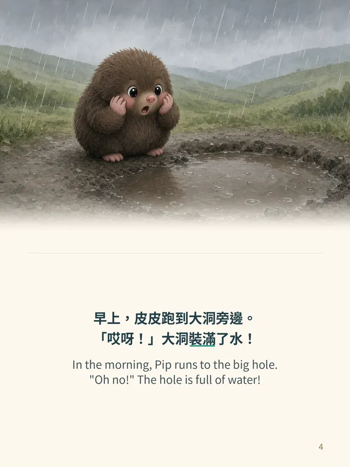 Pip and the Big Rain, story page 4: illustration with Traditional Chinese and English text