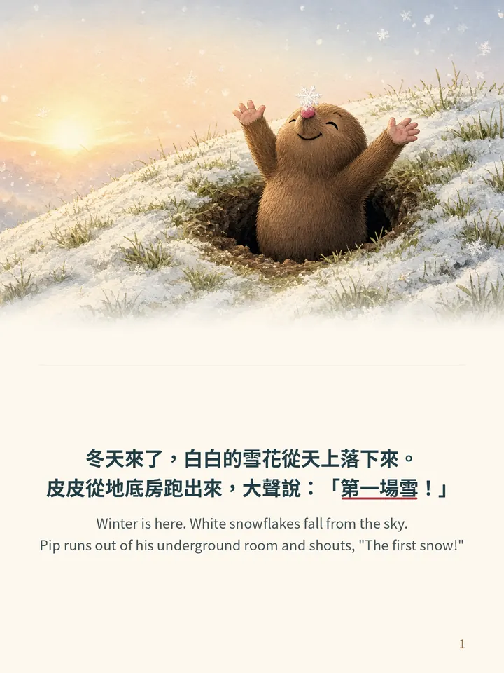 Pip and the First Snow, story page 1: illustration with Traditional Chinese and English text