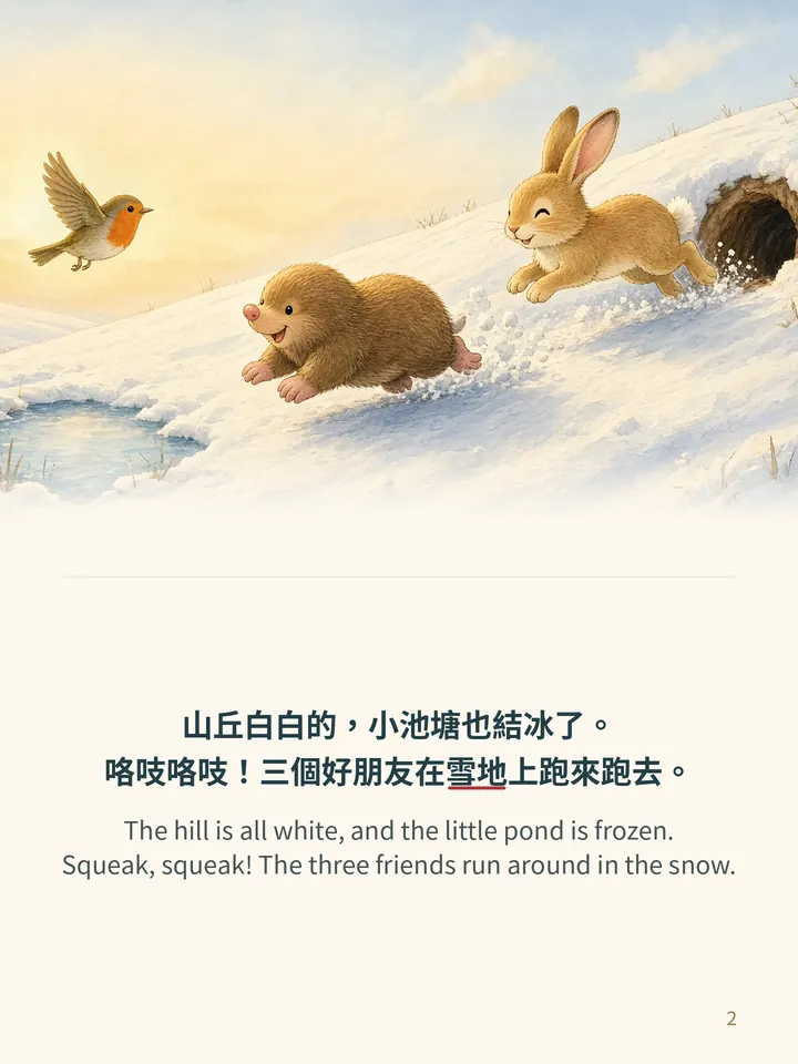 Pip and the First Snow, story page 2: illustration with Traditional Chinese and English text