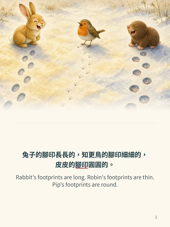 Pip and the First Snow, story page 3: illustration with Traditional Chinese and English text