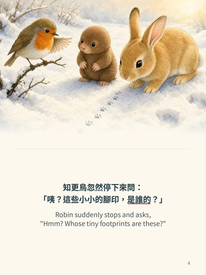 Pip and the First Snow, story page 4: illustration with Traditional Chinese and English text