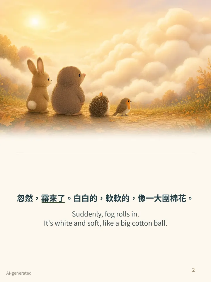 Pip and the Fog, story page 2: illustration with Traditional Chinese and English text