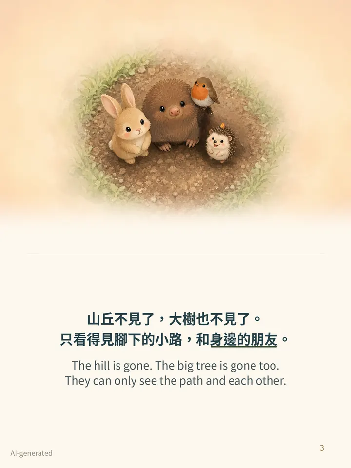 Pip and the Fog, story page 3: illustration with Traditional Chinese and English text