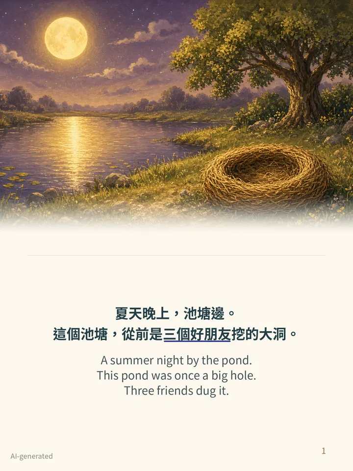 Pip and the Friendship Circle, story page 1: illustration with Traditional Chinese and English text