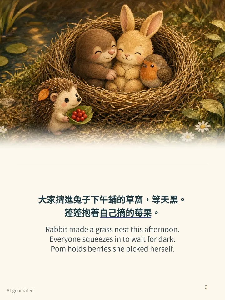 Pip and the Friendship Circle, story page 3: illustration with Traditional Chinese and English text