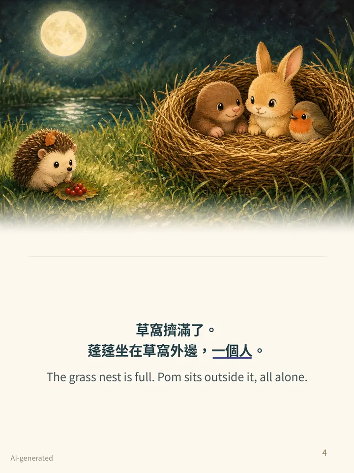 Pip and the Friendship Circle, story page 4: illustration with Traditional Chinese and English text