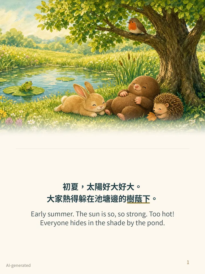 Pip and the Hot Day, story page 1: illustration with Traditional Chinese and English text