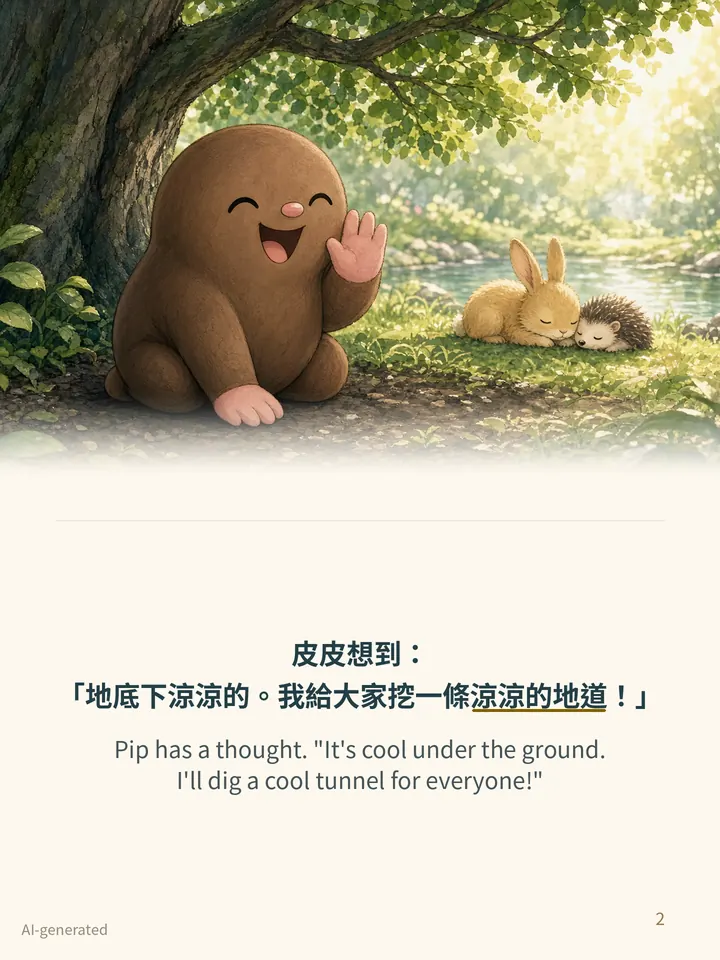 Pip and the Hot Day, story page 2: illustration with Traditional Chinese and English text