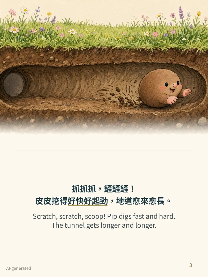 Pip and the Hot Day, story page 3: illustration with Traditional Chinese and English text
