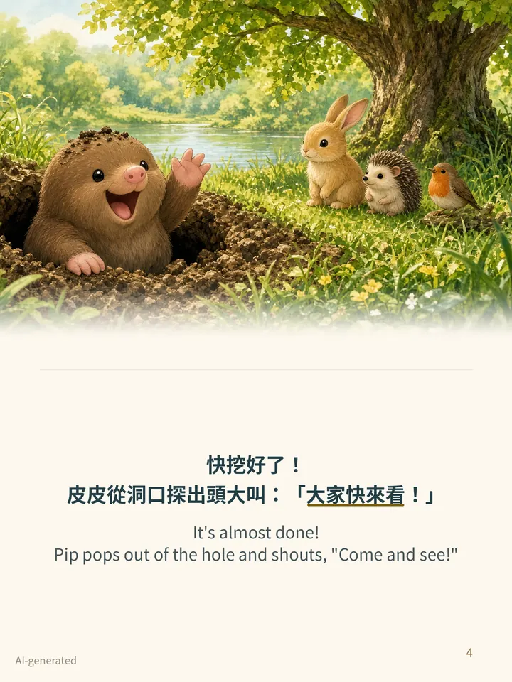 Pip and the Hot Day, story page 4: illustration with Traditional Chinese and English text