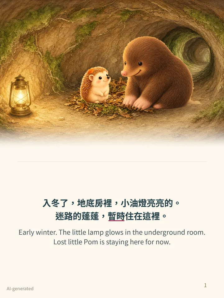 Pip and the Leaf Nest, story page 1: illustration with Traditional Chinese and English text