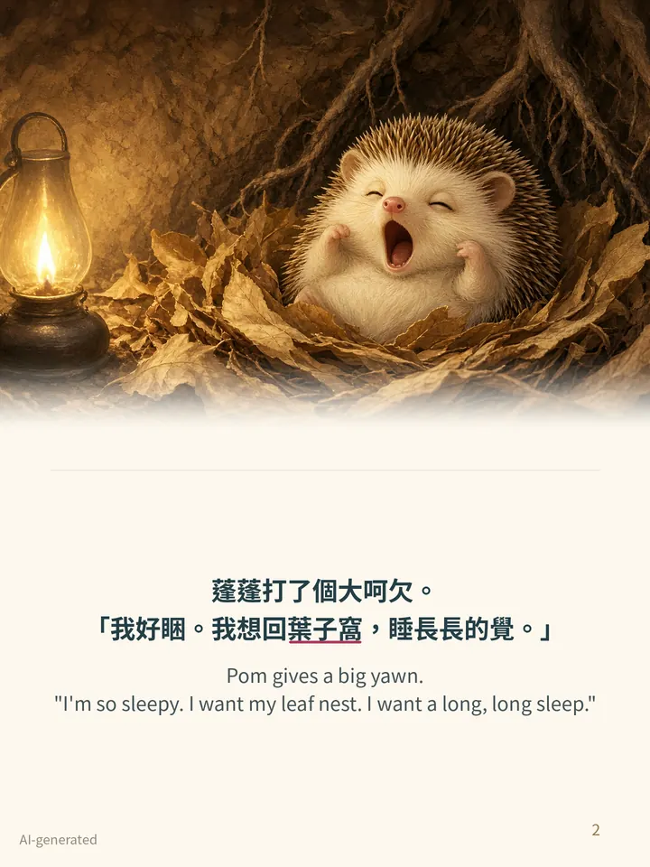 Pip and the Leaf Nest, story page 2: illustration with Traditional Chinese and English text