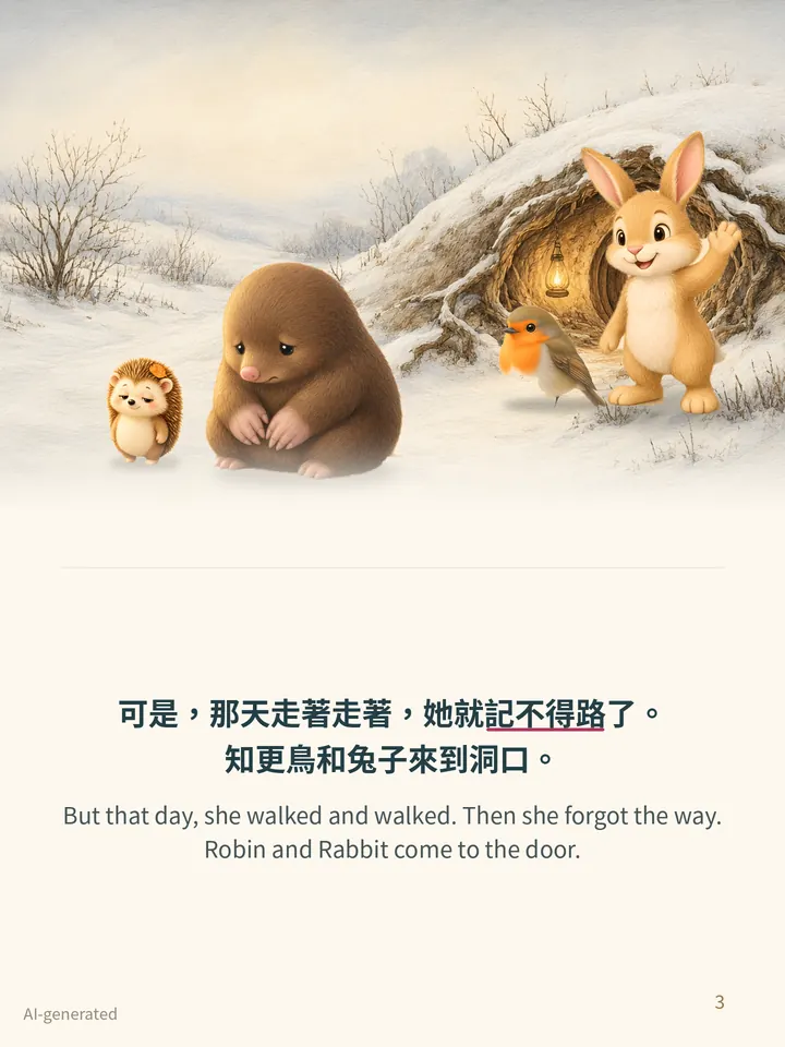 Pip and the Leaf Nest, story page 3: illustration with Traditional Chinese and English text