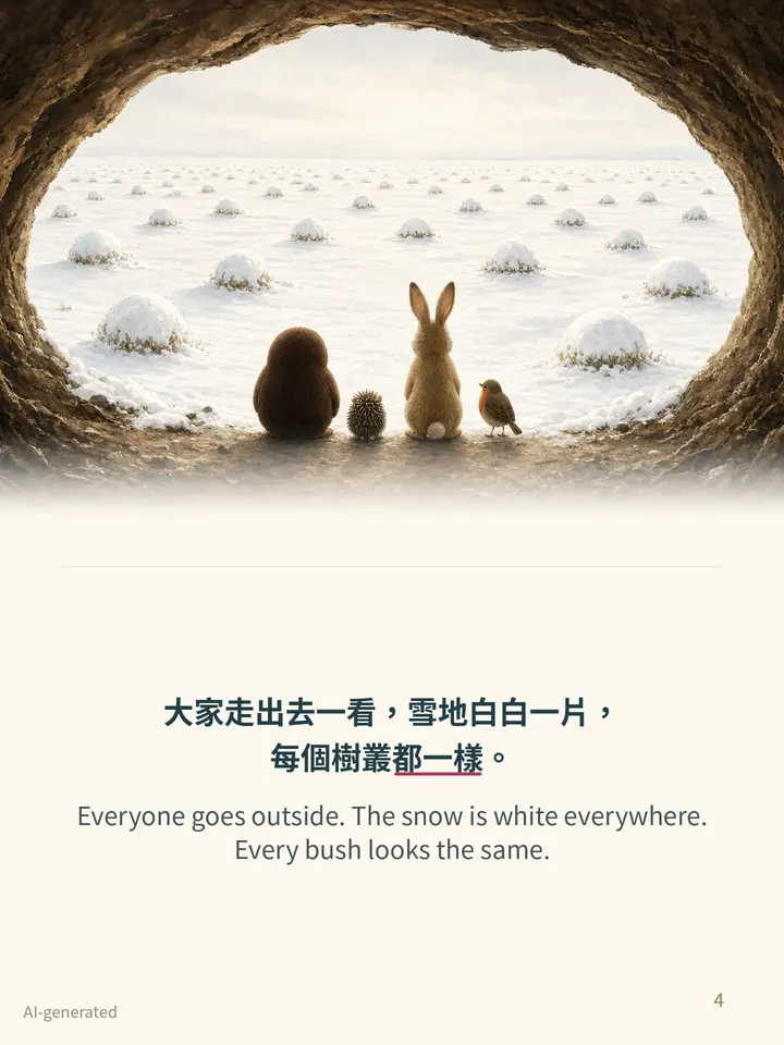Pip and the Leaf Nest, story page 4: illustration with Traditional Chinese and English text
