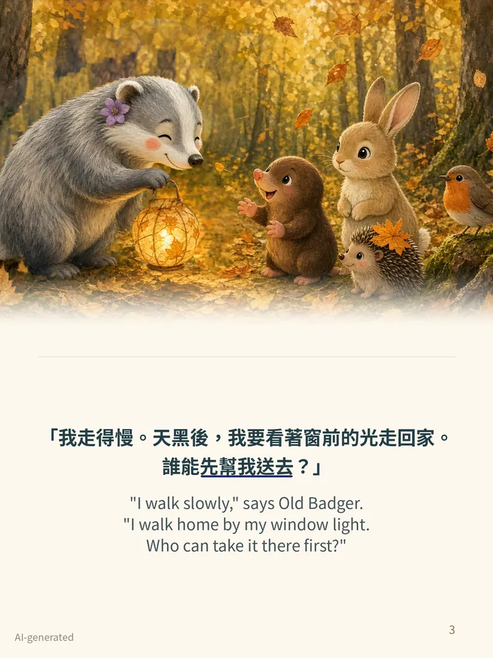 Pip and the Little Lantern, story page 3: illustration with Traditional Chinese and English text
