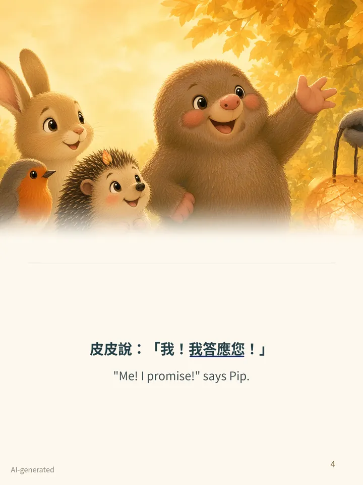 Pip and the Little Lantern, story page 4: illustration with Traditional Chinese and English text