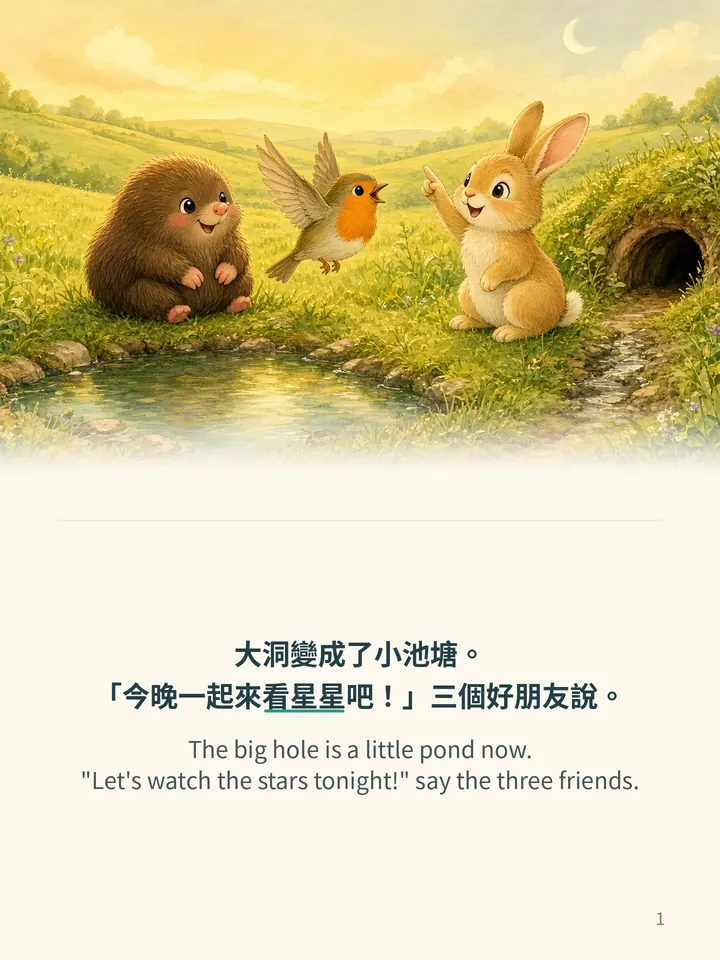 Pip and the Night Lights, story page 1: illustration with Traditional Chinese and English text