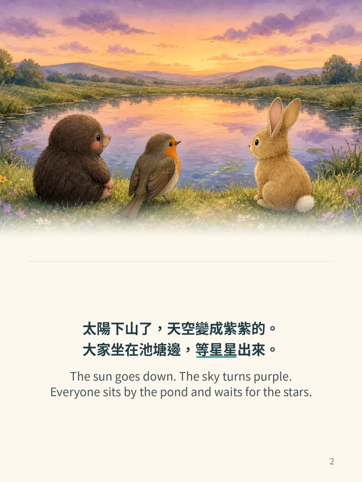 Pip and the Night Lights, story page 2: illustration with Traditional Chinese and English text