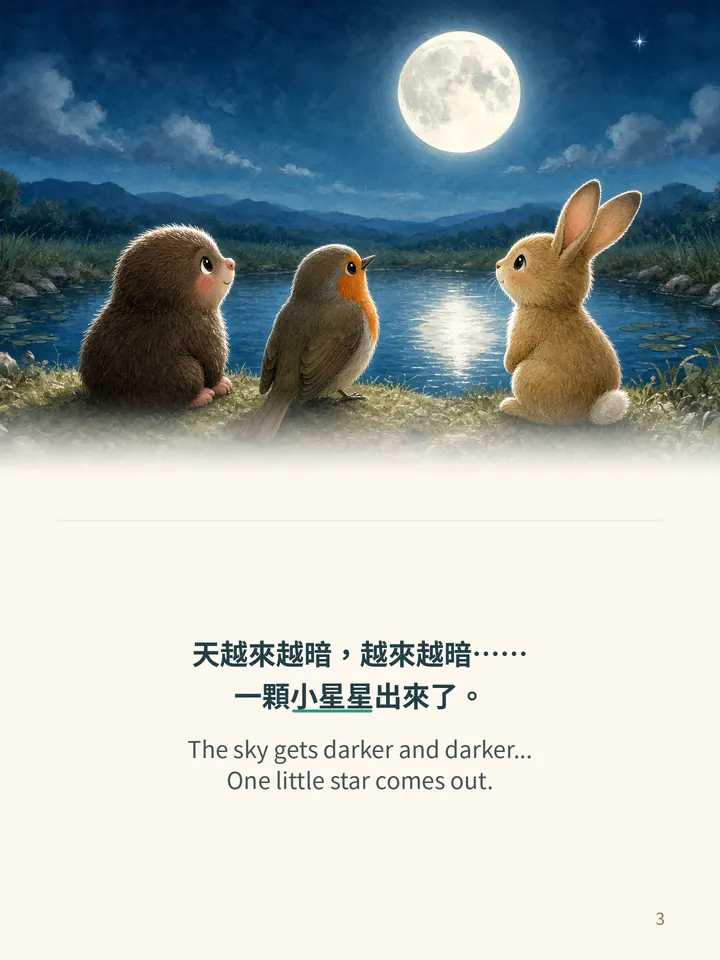 Pip and the Night Lights, story page 3: illustration with Traditional Chinese and English text