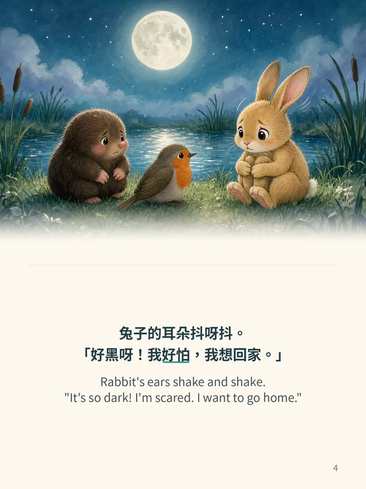 Pip and the Night Lights, story page 4: illustration with Traditional Chinese and English text