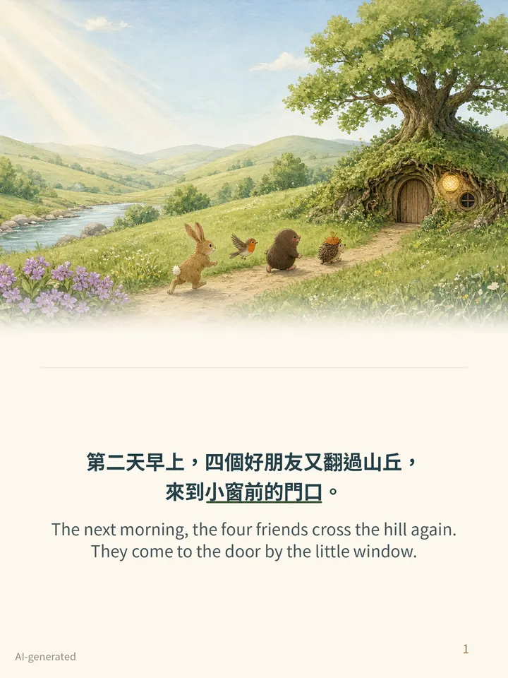 Pip and the Old Badger, story page 1: illustration with Traditional Chinese and English text