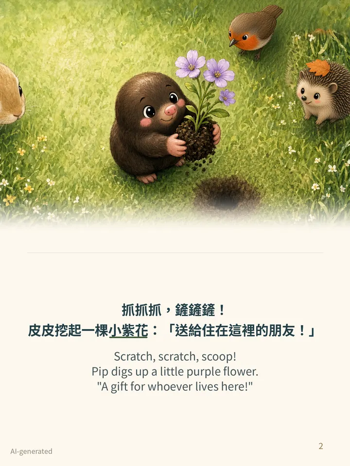 Pip and the Old Badger, story page 2: illustration with Traditional Chinese and English text