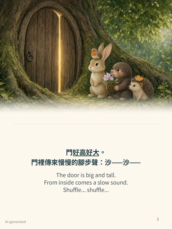 Pip and the Old Badger, story page 3: illustration with Traditional Chinese and English text