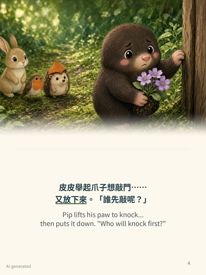 Pip and the Old Badger, story page 4: illustration with Traditional Chinese and English text
