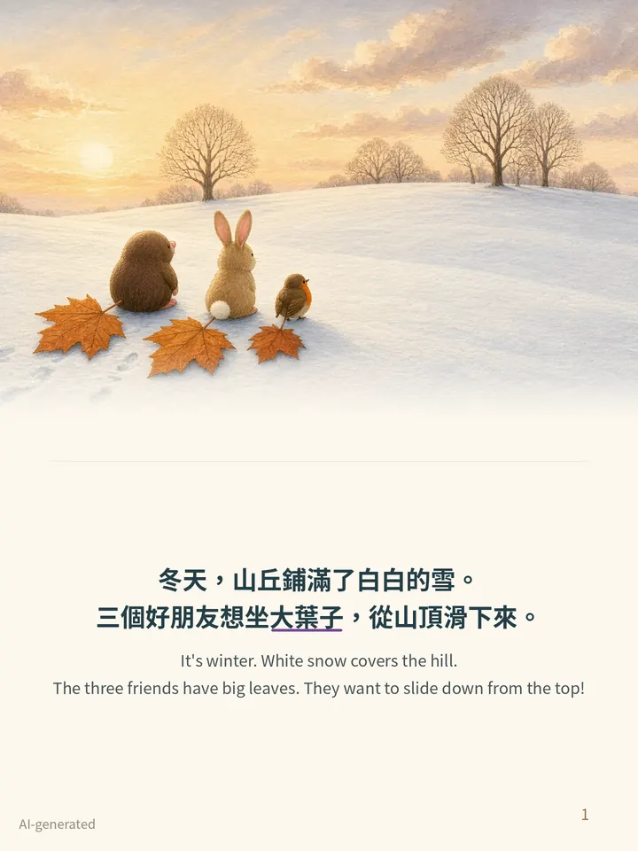 Pip and the Snow Slide, story page 1: illustration with Traditional Chinese and English text