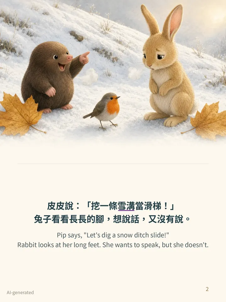 Pip and the Snow Slide, story page 2: illustration with Traditional Chinese and English text