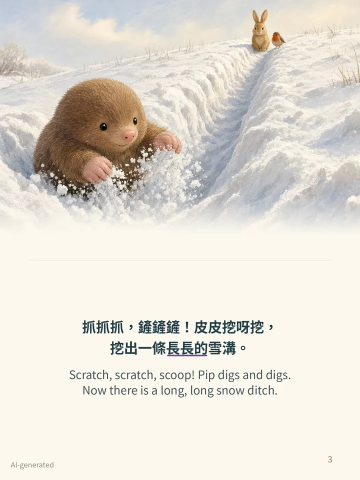 Pip and the Snow Slide, story page 3: illustration with Traditional Chinese and English text