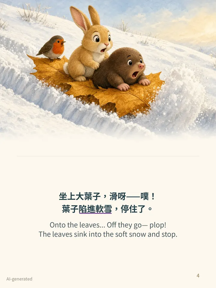 Pip and the Snow Slide, story page 4: illustration with Traditional Chinese and English text