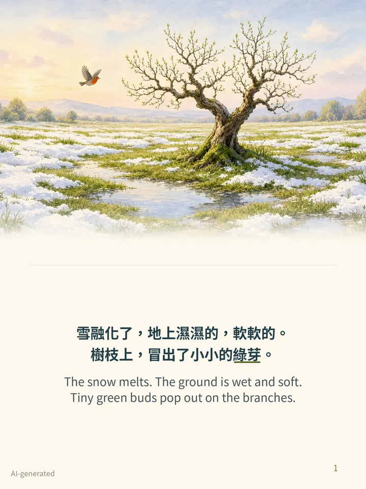 Pip and the Spring Nest, story page 1: illustration with Traditional Chinese and English text