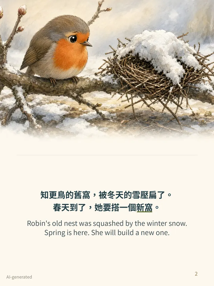 Pip and the Spring Nest, story page 2: illustration with Traditional Chinese and English text