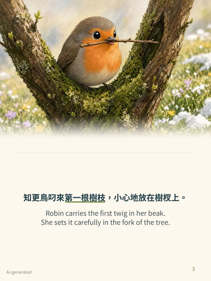 Pip and the Spring Nest, story page 3: illustration with Traditional Chinese and English text