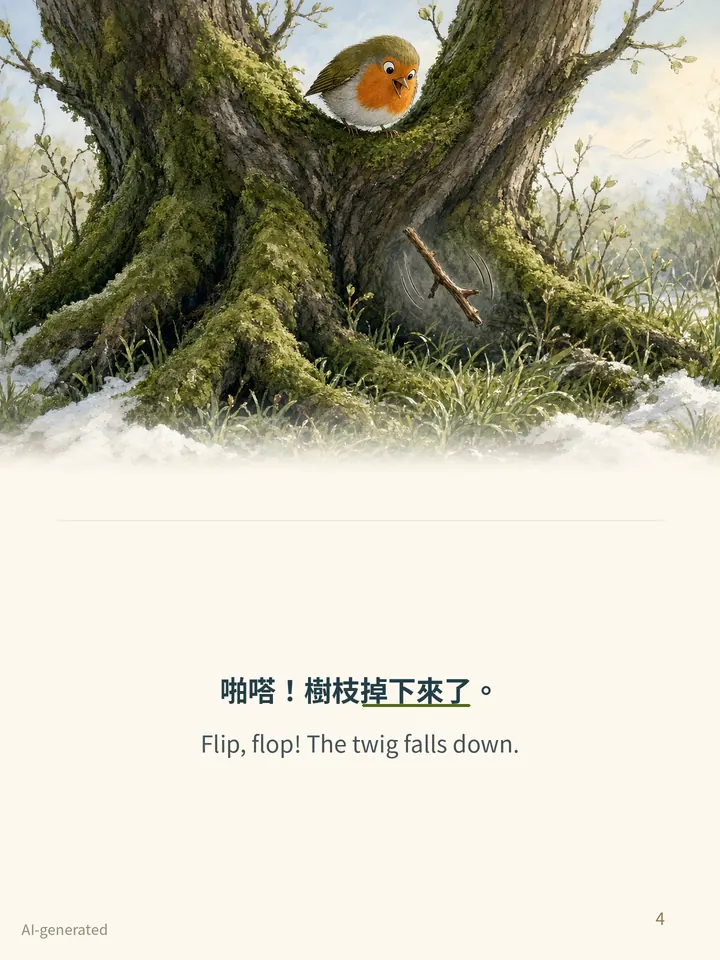 Pip and the Spring Nest, story page 4: illustration with Traditional Chinese and English text