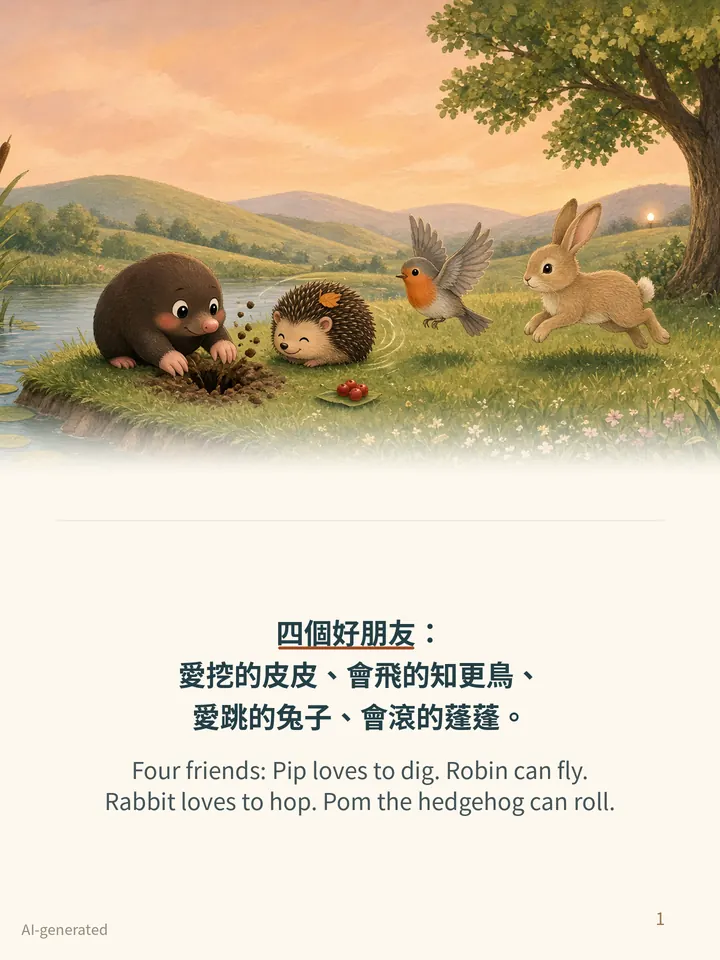 Pip and the Steady Light, story page 1: illustration with Traditional Chinese and English text