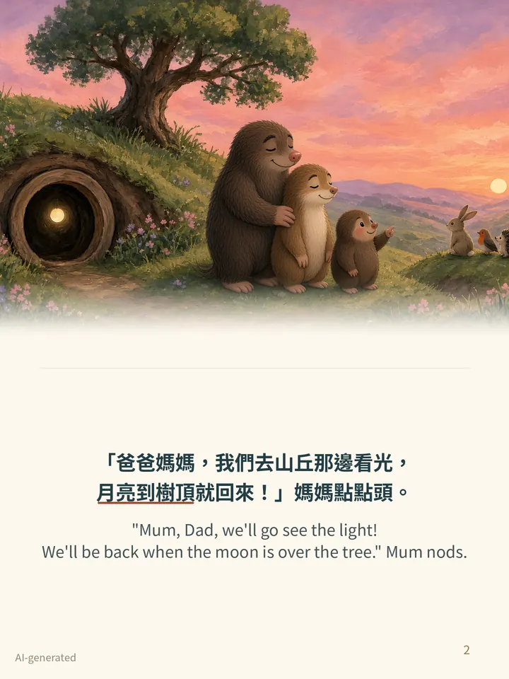 Pip and the Steady Light, story page 2: illustration with Traditional Chinese and English text
