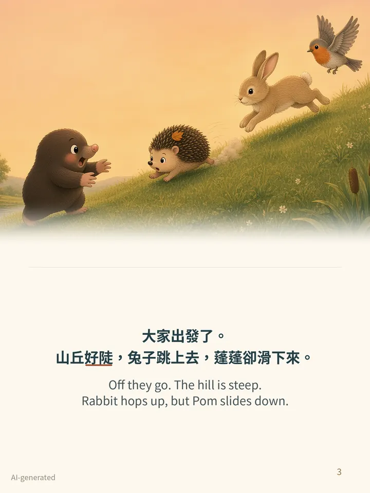 Pip and the Steady Light, story page 3: illustration with Traditional Chinese and English text